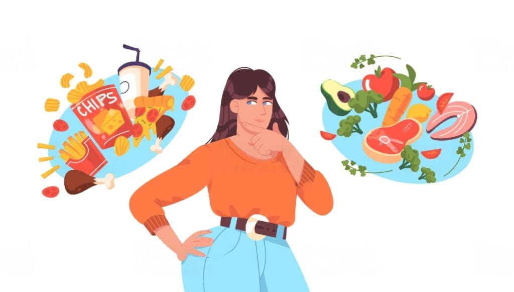 A girl thinking which food she should eat junk food or whole foods like proteins, carbs, and more for weight loss